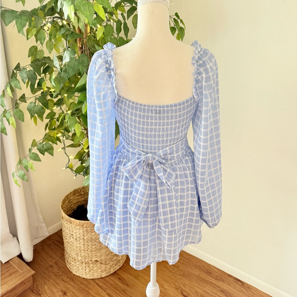 Light Blue Plaid Smocked Mini Romper, Size Small - Picture 3 of 11